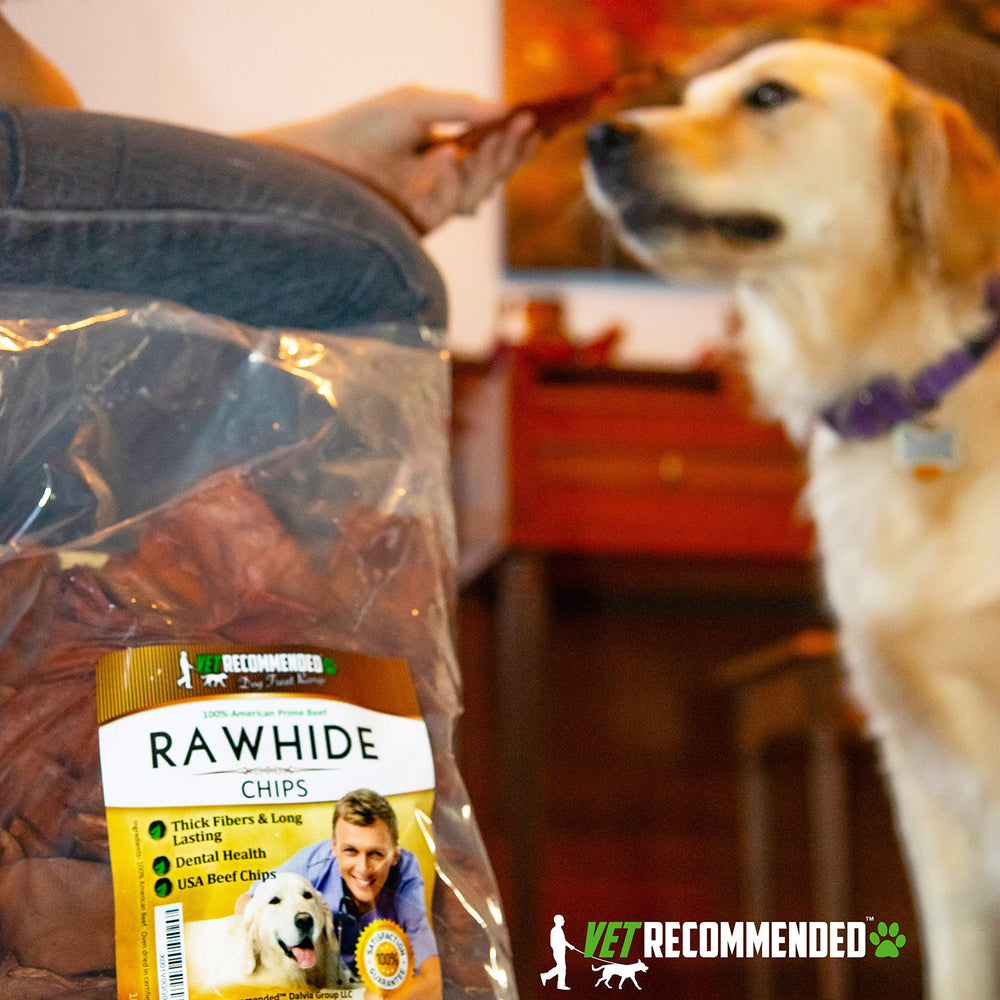 Vet Recommended Premium Beef Rawhide Chips USA-sourced ingredients label communicates transparency and quality.