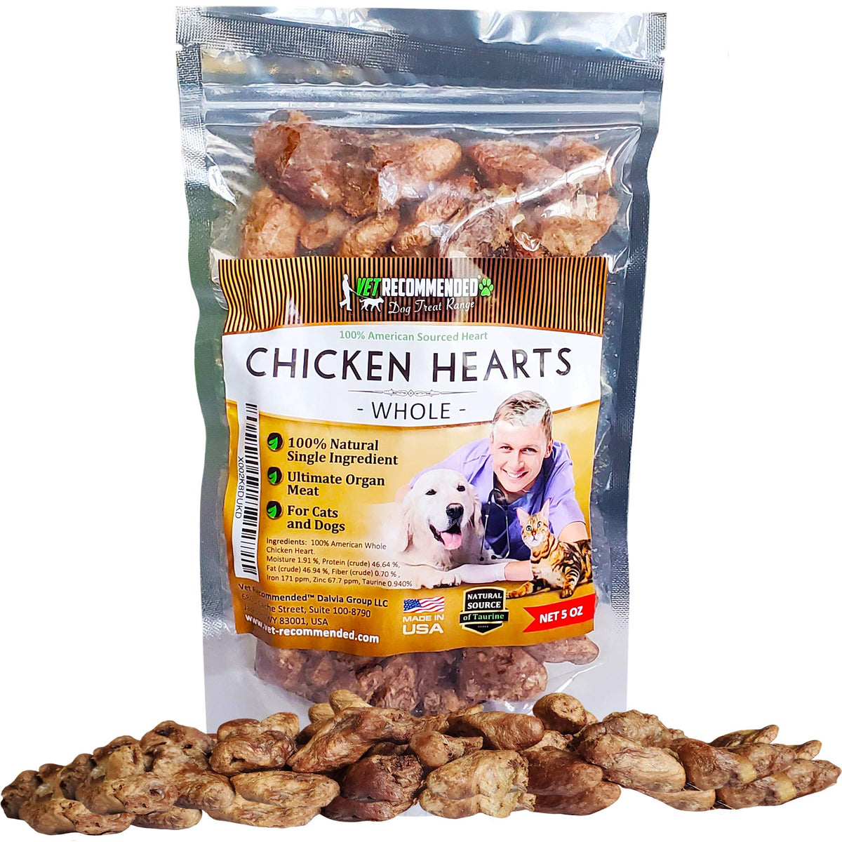 Vet Recommended premium chicken hearts 5oz bag for dogs and cats, convenient training treat.