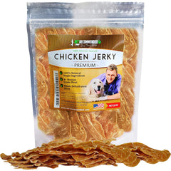 Vet Recommended Premium Chicken Jerky dog bag open, training-boosting snack for dogs