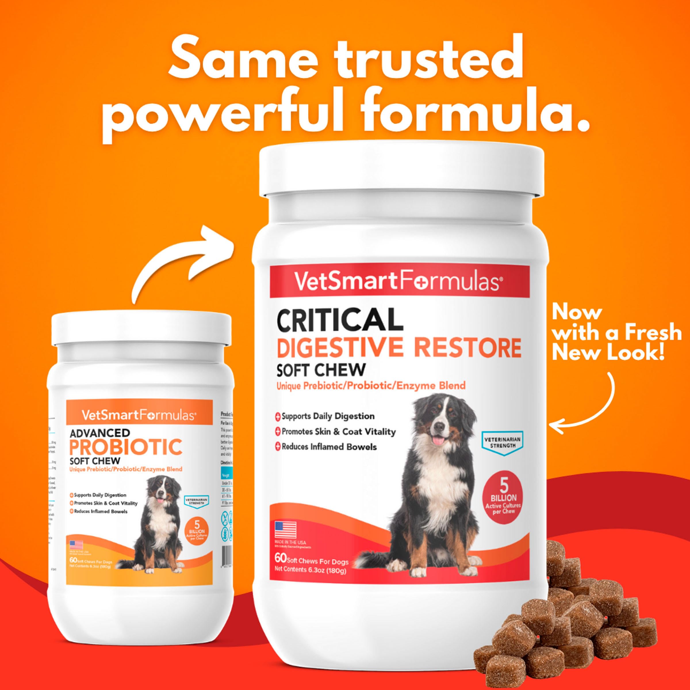 VetSmart Formulas Critical Digestive Soft Chews label highlights premium probiotic blend for digestion.