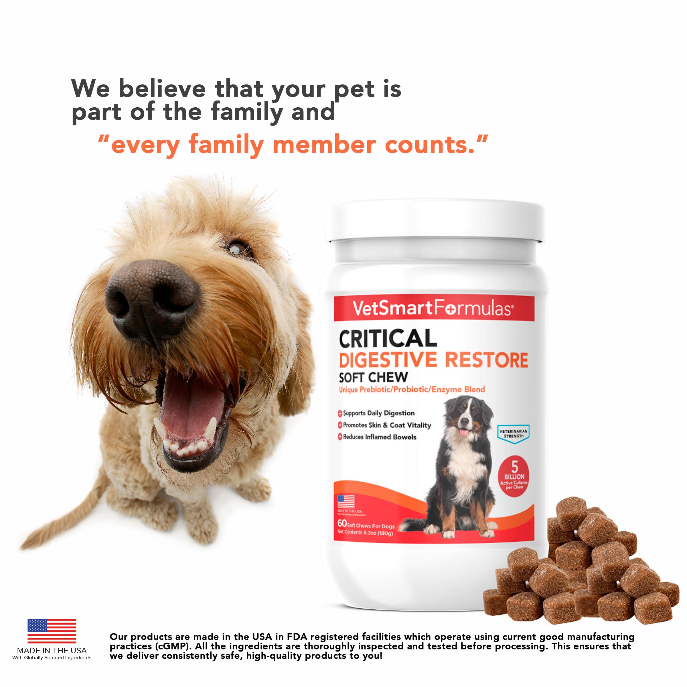 VetSmart Formulas Critical Digestive Soft Chews pumpkin powder image emphasizes fiber and immune support.