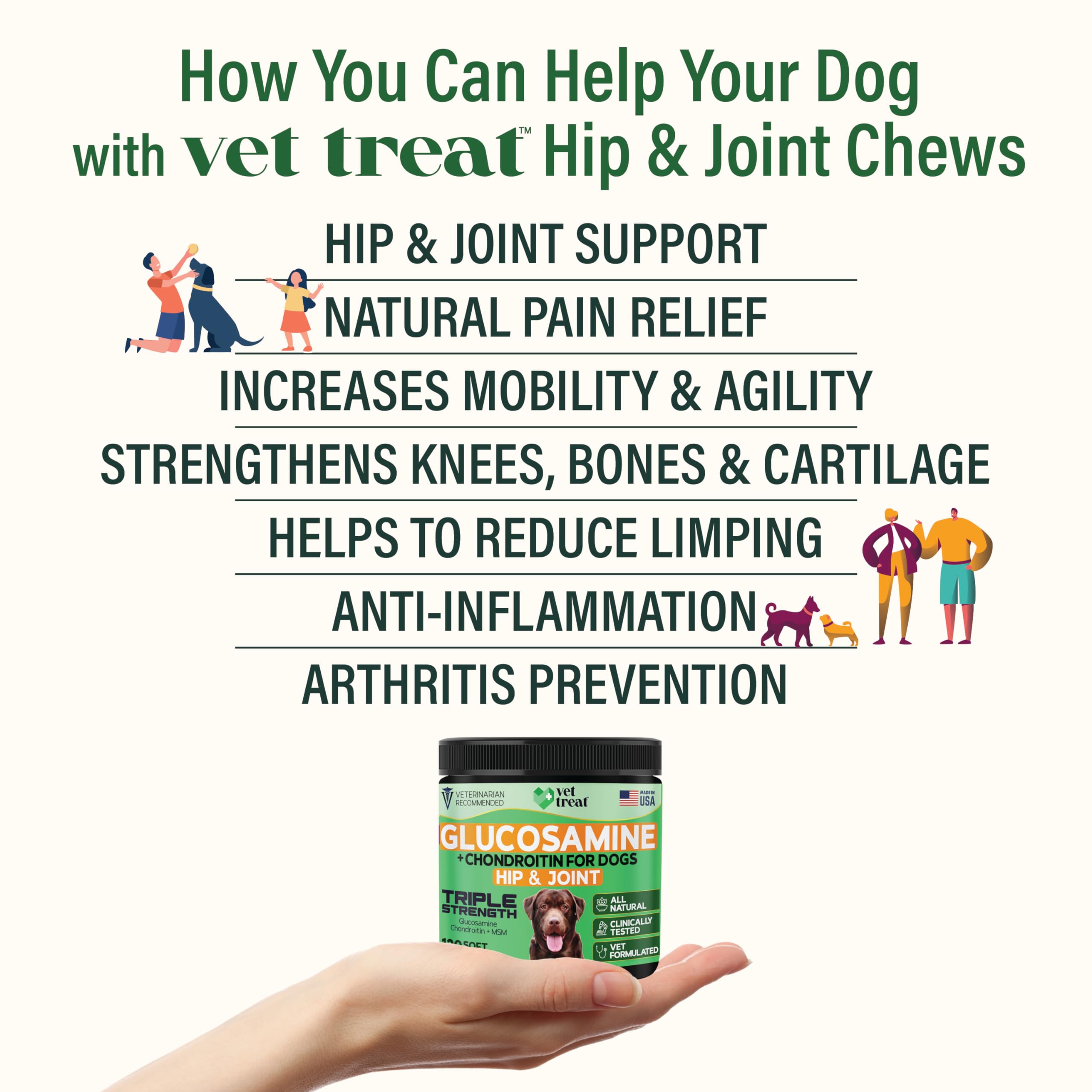 Vet Treat chondroitin glucosamine dogs chews closeup highlights cartilage support for flexibility.