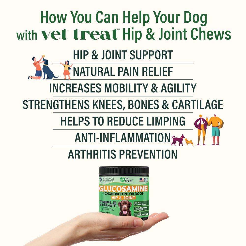 Vet Treat chondroitin glucosamine dogs chews closeup highlights cartilage support for flexibility.