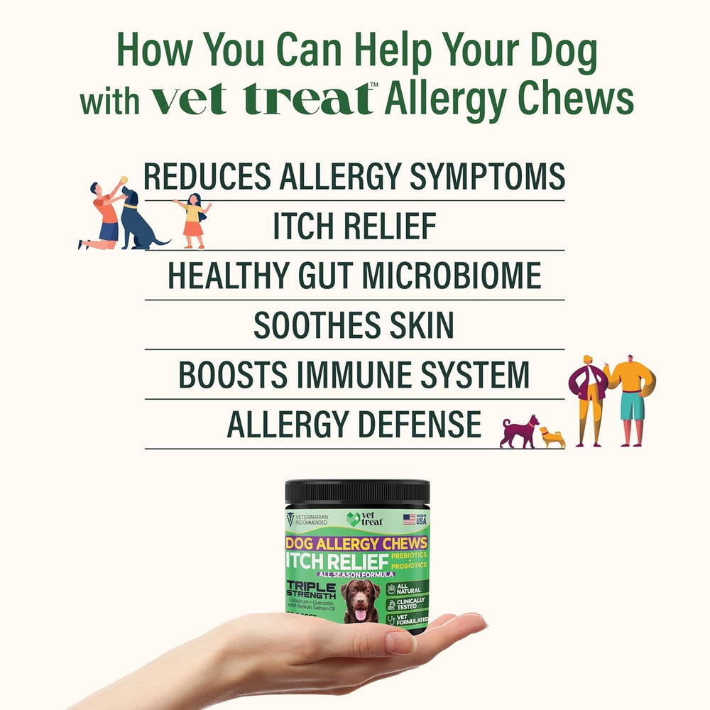 Vet Treat Dog Allergy Relief Chews bottle shown for convenient daily administration.