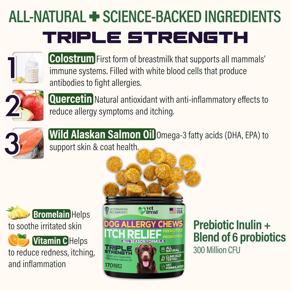 Vet Treat Dog Allergy Relief Chews image emphasizes gut and immune support benefits.