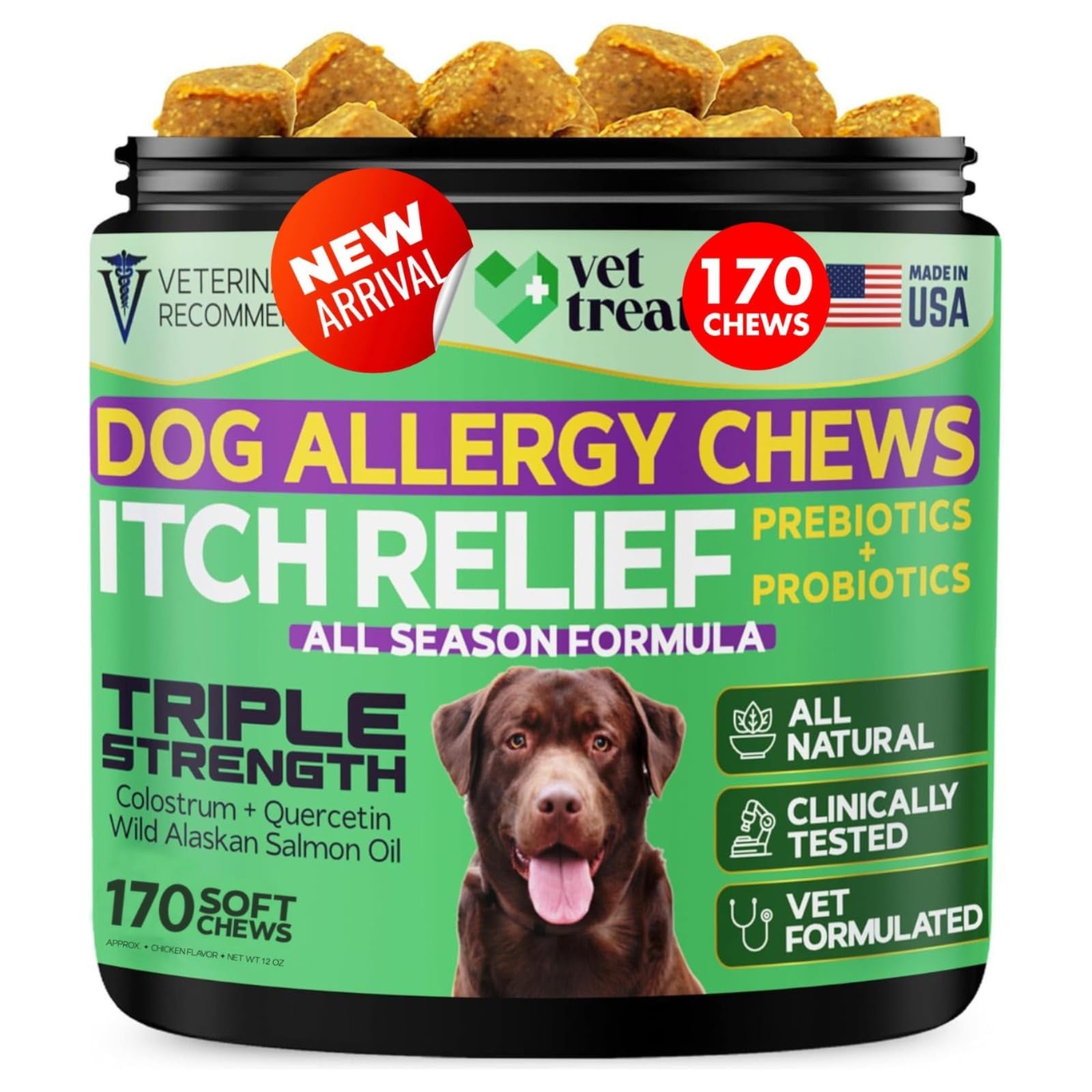 Vet Treat Dog Allergy Relief Chews packaging demonstrates a vet-formulated allergy relief option for dogs.