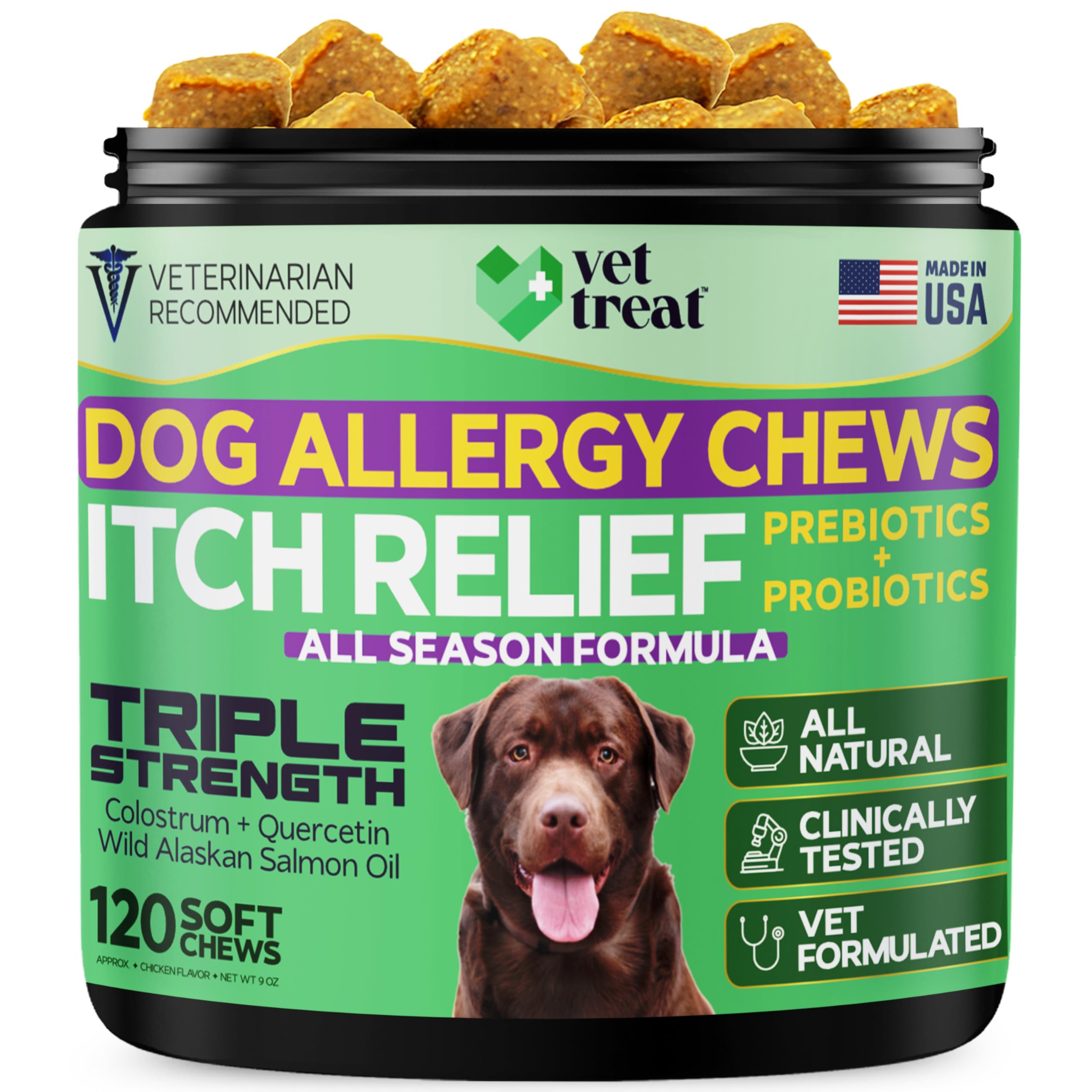 Vet Treat allergy relief chews packaging highlighting natural ingredients for itchy skin support.
