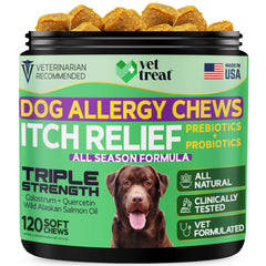 Vet Treat allergy relief chews packaging highlighting natural ingredients for itchy skin support.