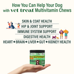 Vet Treat dog multivitamin chews open pack showing colorful bites for daily immune support