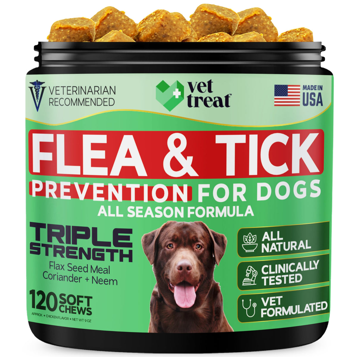 Vet Treat Flea and Tick Chews bottle supporting dogs' skin and coat health.
