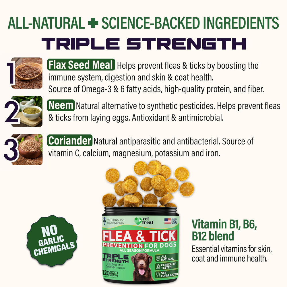 Vet Treat Flea and Tick Chews ingredients panel shows natural botanicals.