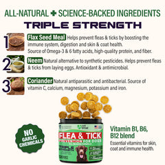 Vet Treat Flea and Tick Chews ingredients panel shows natural botanicals.