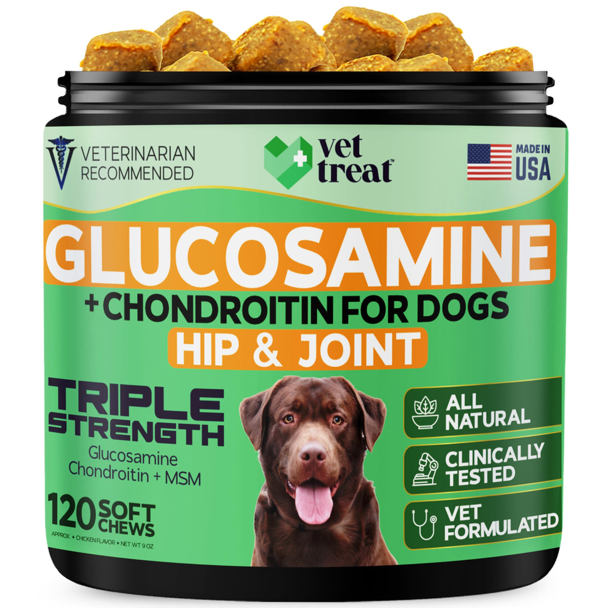Vet Treat glucosamine dog chews bottle supports joint mobility.