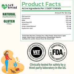 Vet Treat USA-made FDA facility dog chews label signals quality and safety.