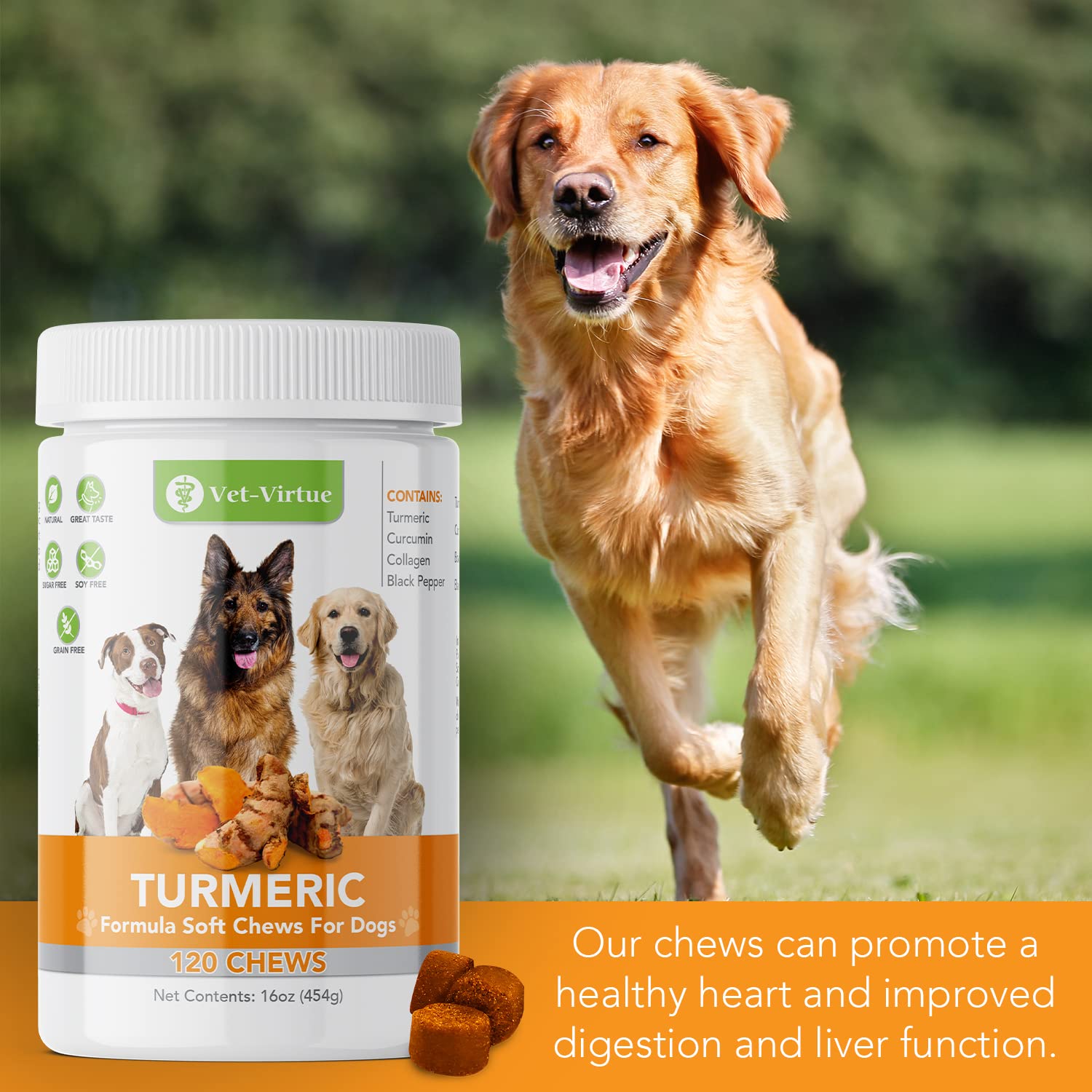 VET-VIRTUE turmeric dog chews convenient daily joint support for dogs.