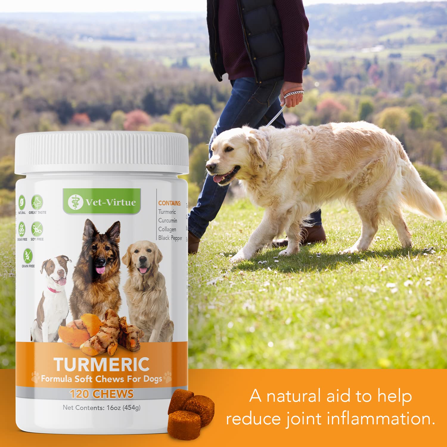 VET-VIRTUE flavorful turmeric dog chews make feeding easy and enjoyable.