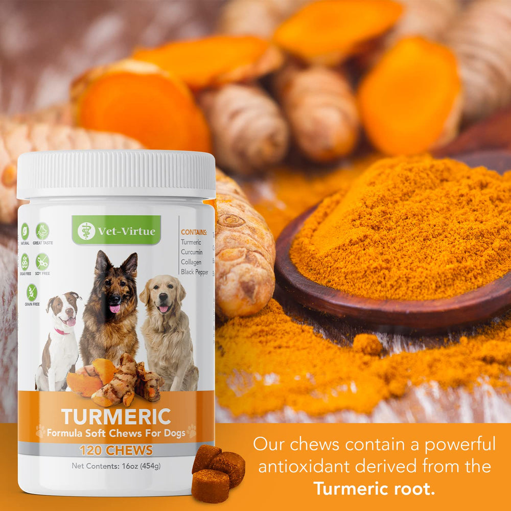 VET-VIRTUE organic curcumin dog supplement bottle supports gentle relief.