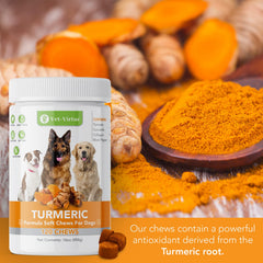 VET-VIRTUE organic curcumin dog supplement bottle supports gentle relief.