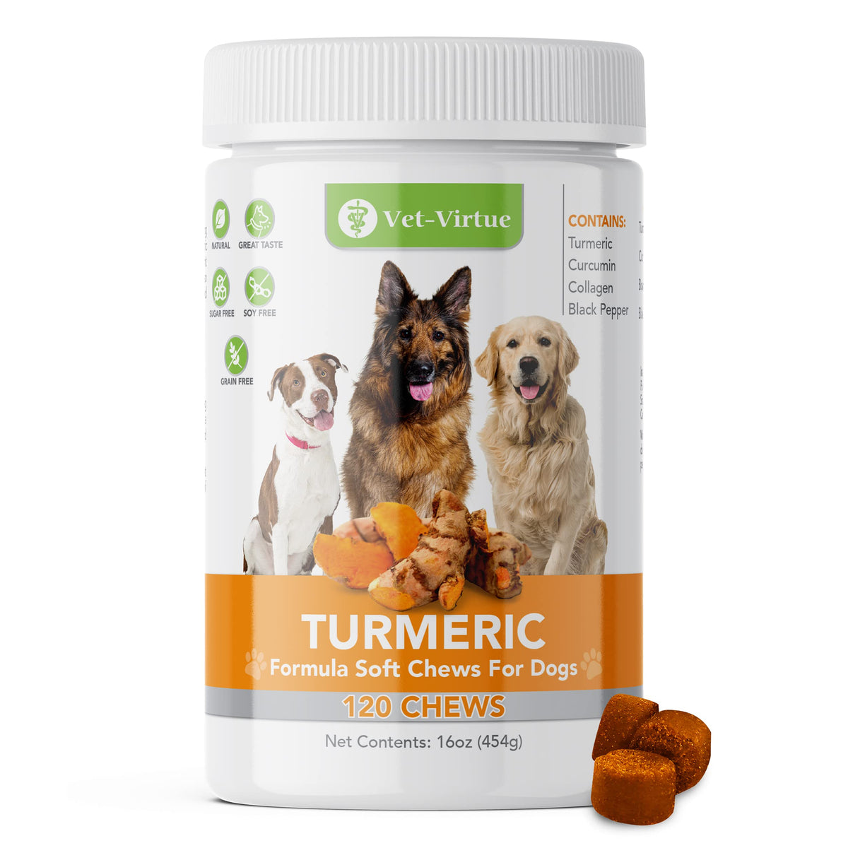 VET-VIRTUE turmeric dog chews jar for joint mobility and daily use.