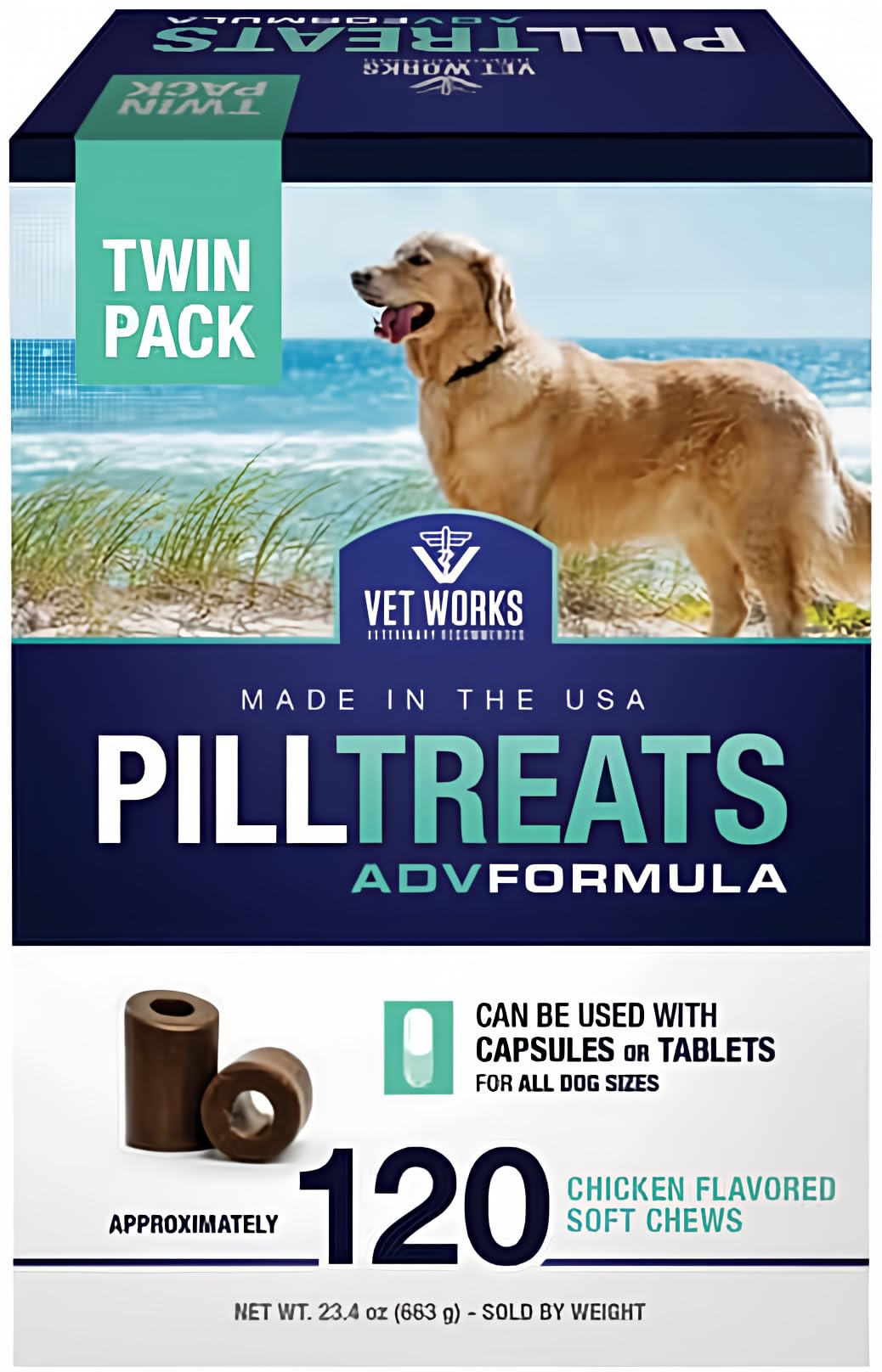 Vet Works chicken pill treats in a jar with built-in pill tube for easy hiding.