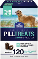 Vet Works chicken pill treats in a jar with built-in pill tube for easy hiding.