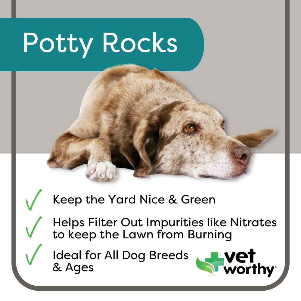 Vet Worthy Potty Rocks bag and label: natural minerals for healthier lawns.