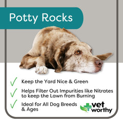 Vet Worthy Potty Rocks bag and label: natural minerals for healthier lawns.