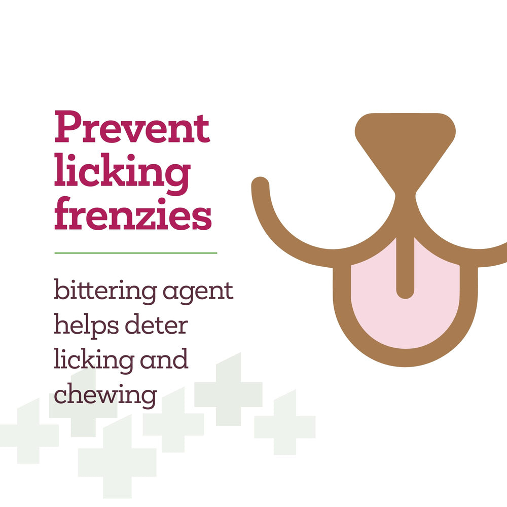 Vetality bittering-agent label highlights chew-proof protection on the wound.