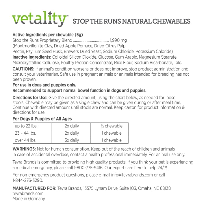 Six-count packaging of Vetality Stop The Runs chewables for dogs