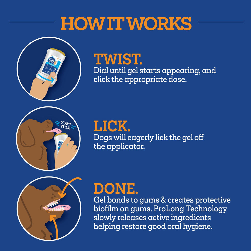 Vetality Twist + Lick dental gel daily-routine illustrates quick twist-and-lick ritual.