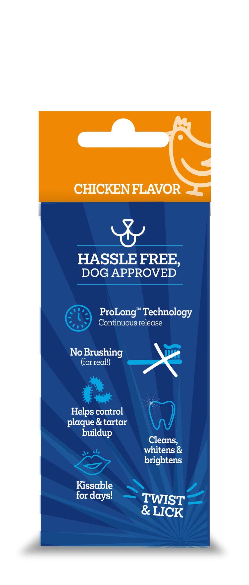 Vetality Twist + Lick dental gel dog-licking demonstrates chicken flavor for routine dental care.