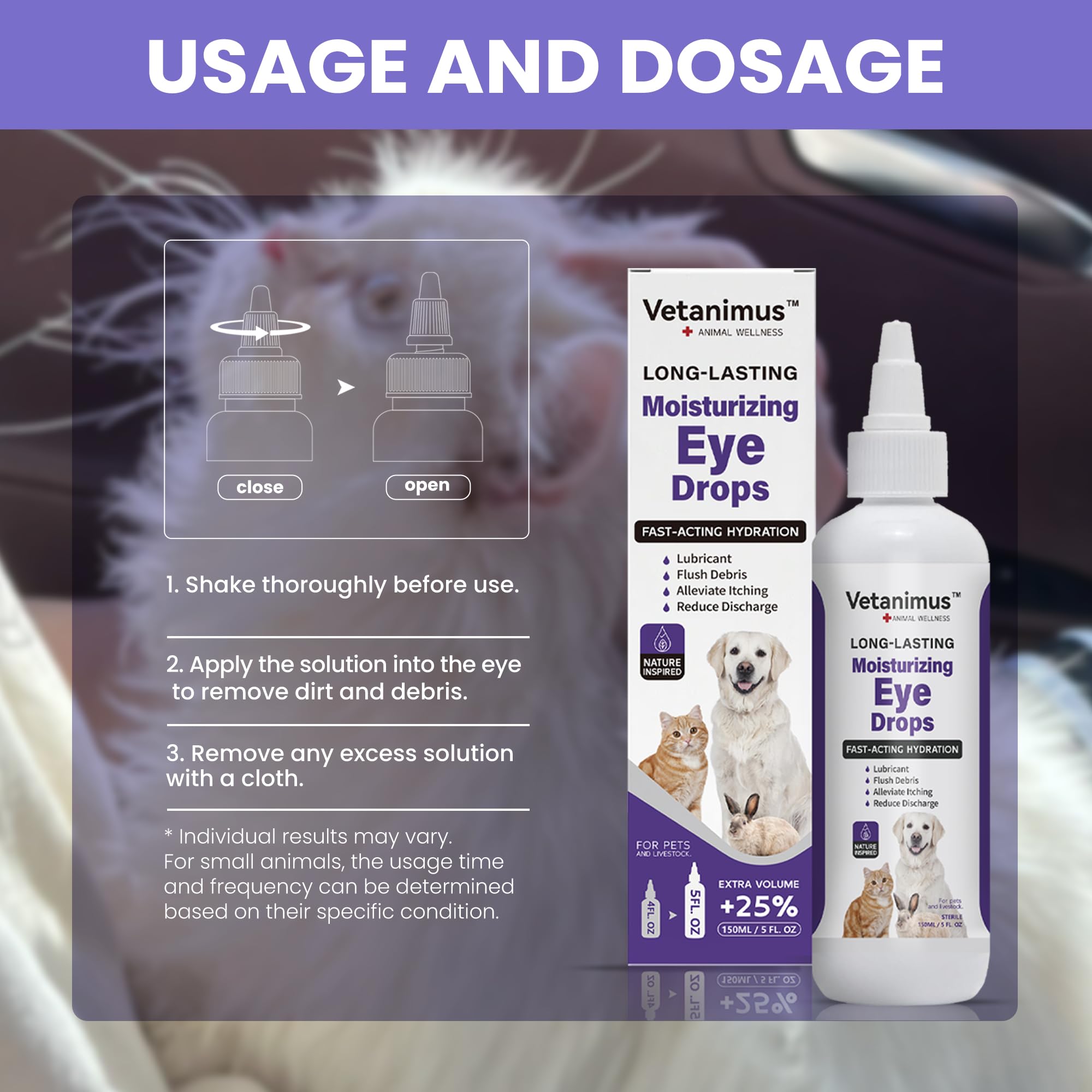 Vetanimus refreshing eye drops on a pet's eye illustrating use across dogs and cats.