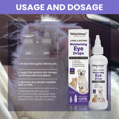 Vetanimus refreshing eye drops on a pet's eye illustrating use across dogs and cats.
