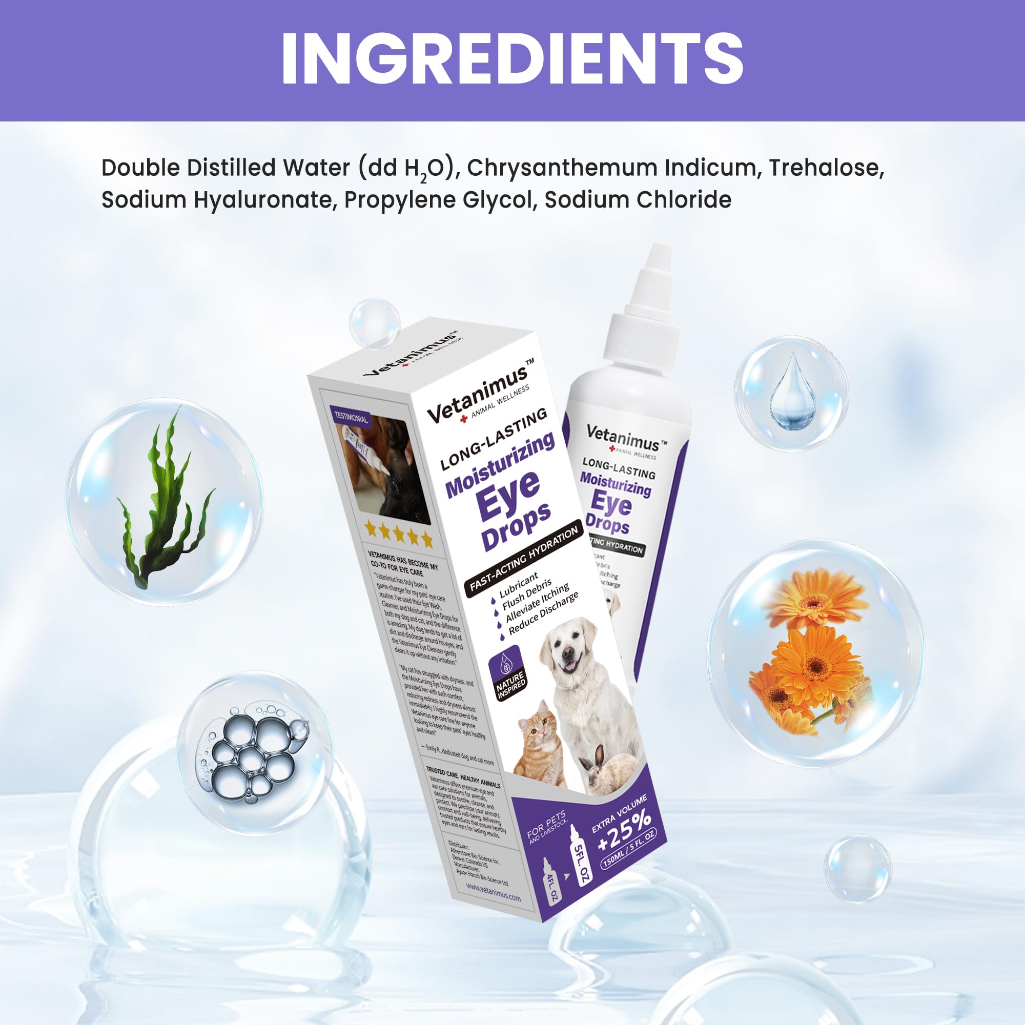 Vetanimus refreshing eye drops packaging and bottle lineup highlighting travel-friendly two-pack.