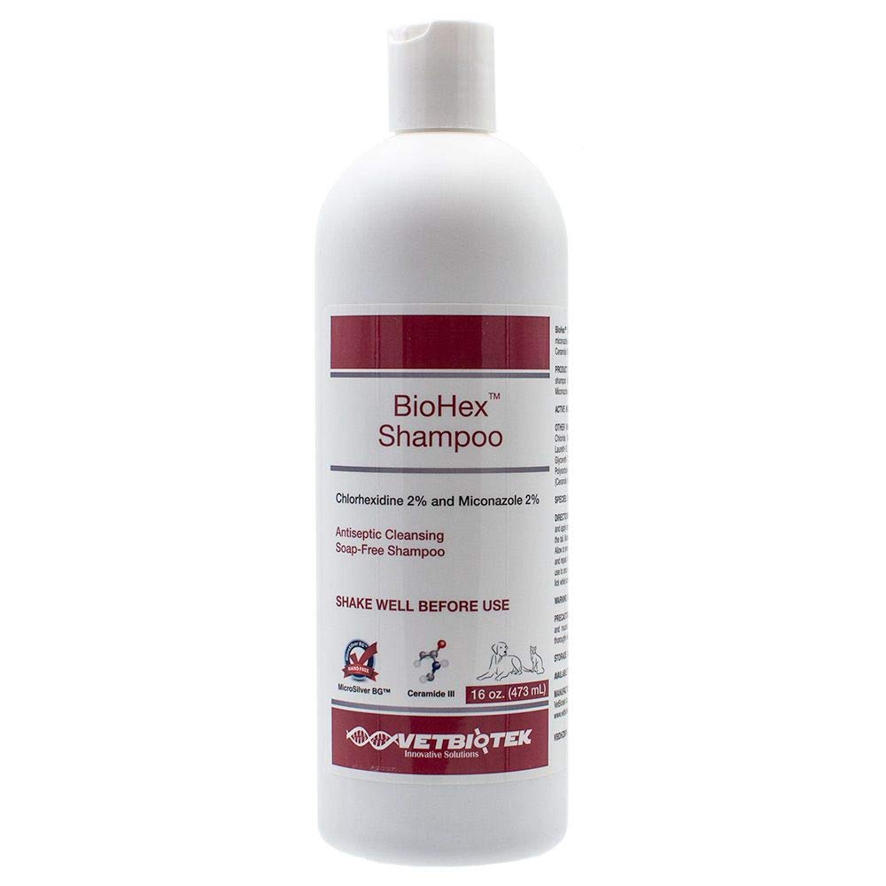 BioHex shampoo bath-lather demonstrates skin cleansing and antiseptic protection for pets.