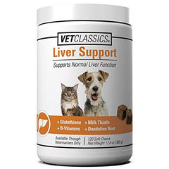 Dog enjoying Vet Classics liver support chews during daily routine