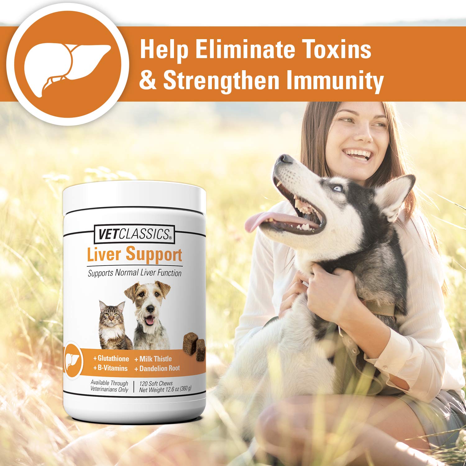 Vet Classics liver support packaging shows 120 soft chews for dogs and cats