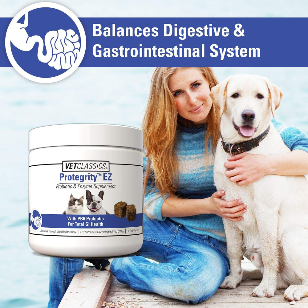 Vet Classics Protegrity EZ soft chews for dogs show probiotic support.