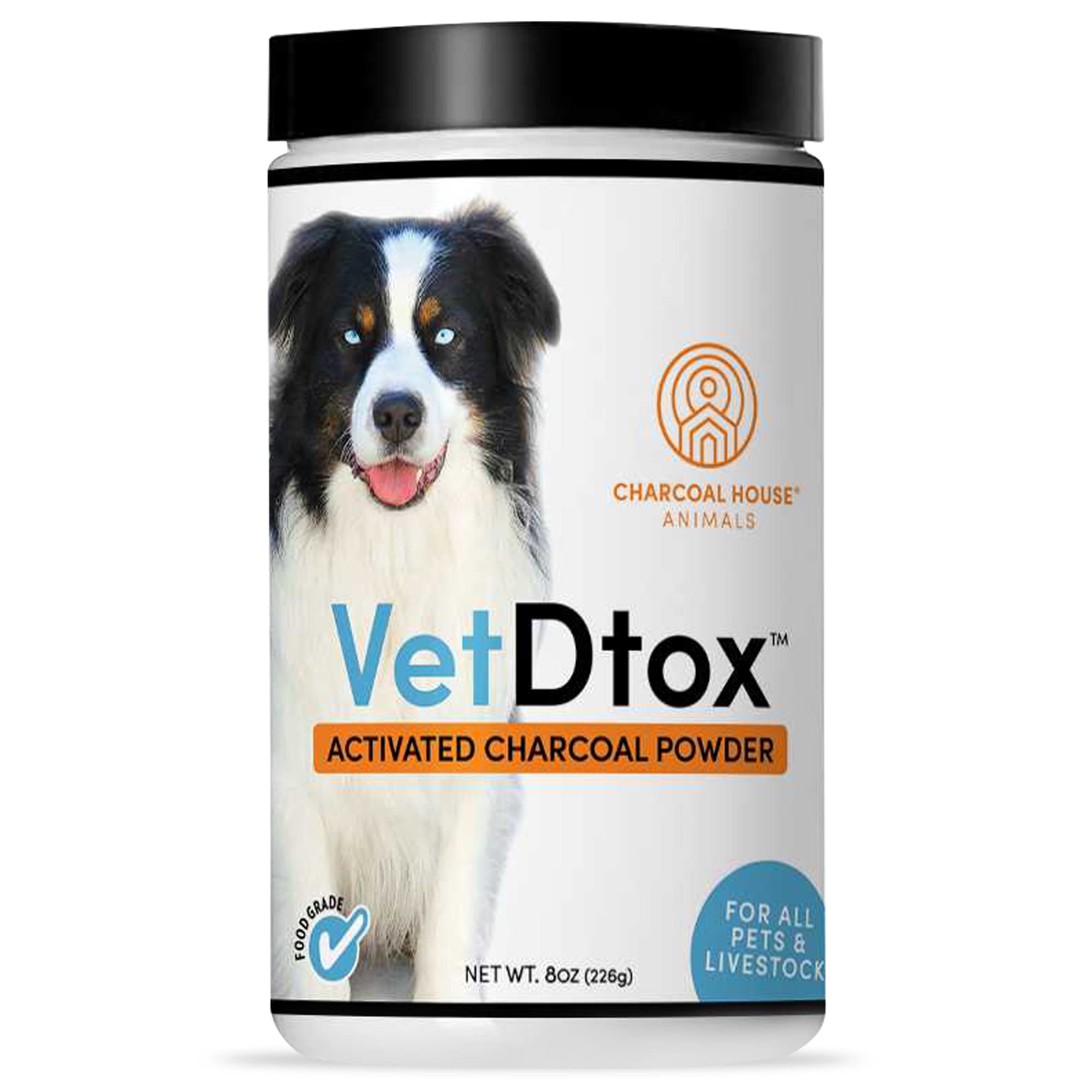 VetDtox Activated Charcoal Powder bottle ready for digestion support in pets.