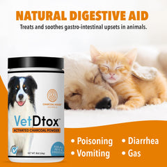 VetDtox Activated Charcoal Powder poured into pet food for stomach comfort.