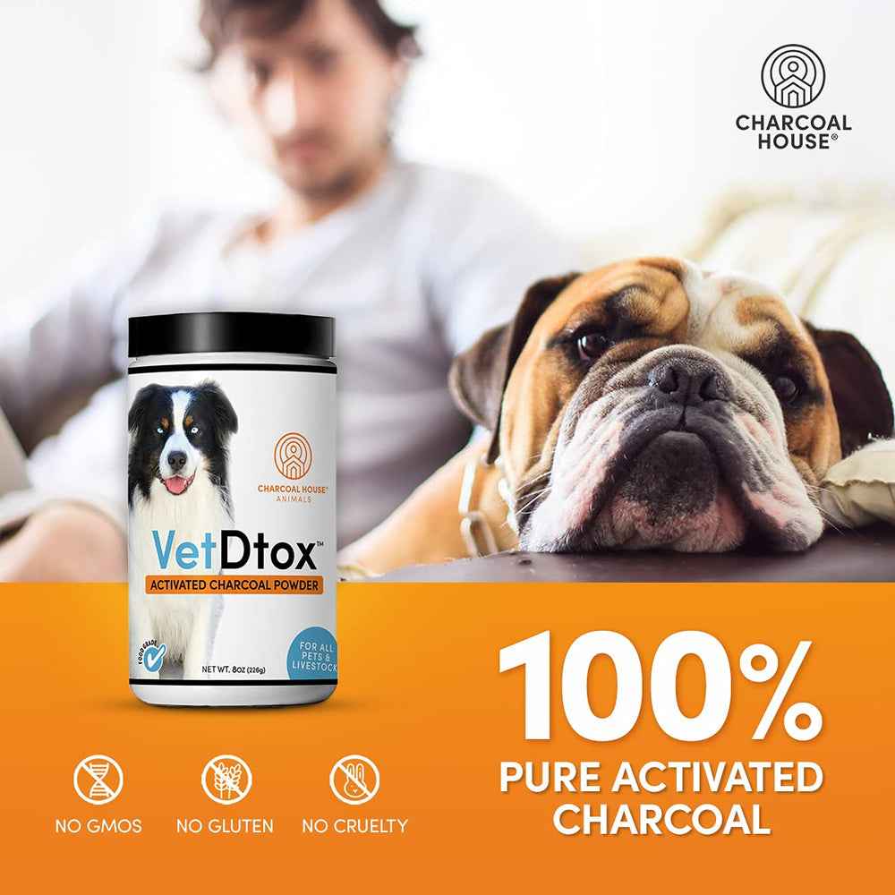 VetDtox Activated Charcoal Powder in poultry barn scene for farm use.