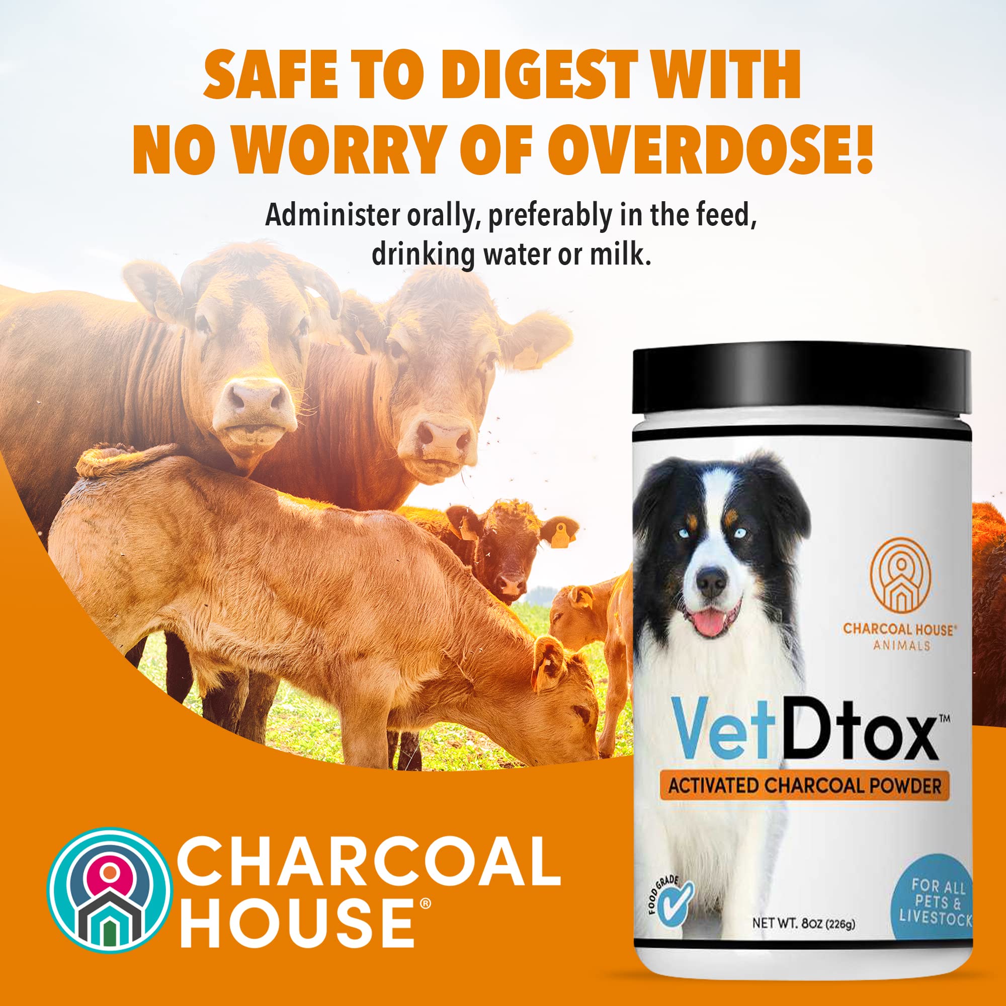 VetDtox Activated Charcoal Powder label close-up emphasizing purity and safety.