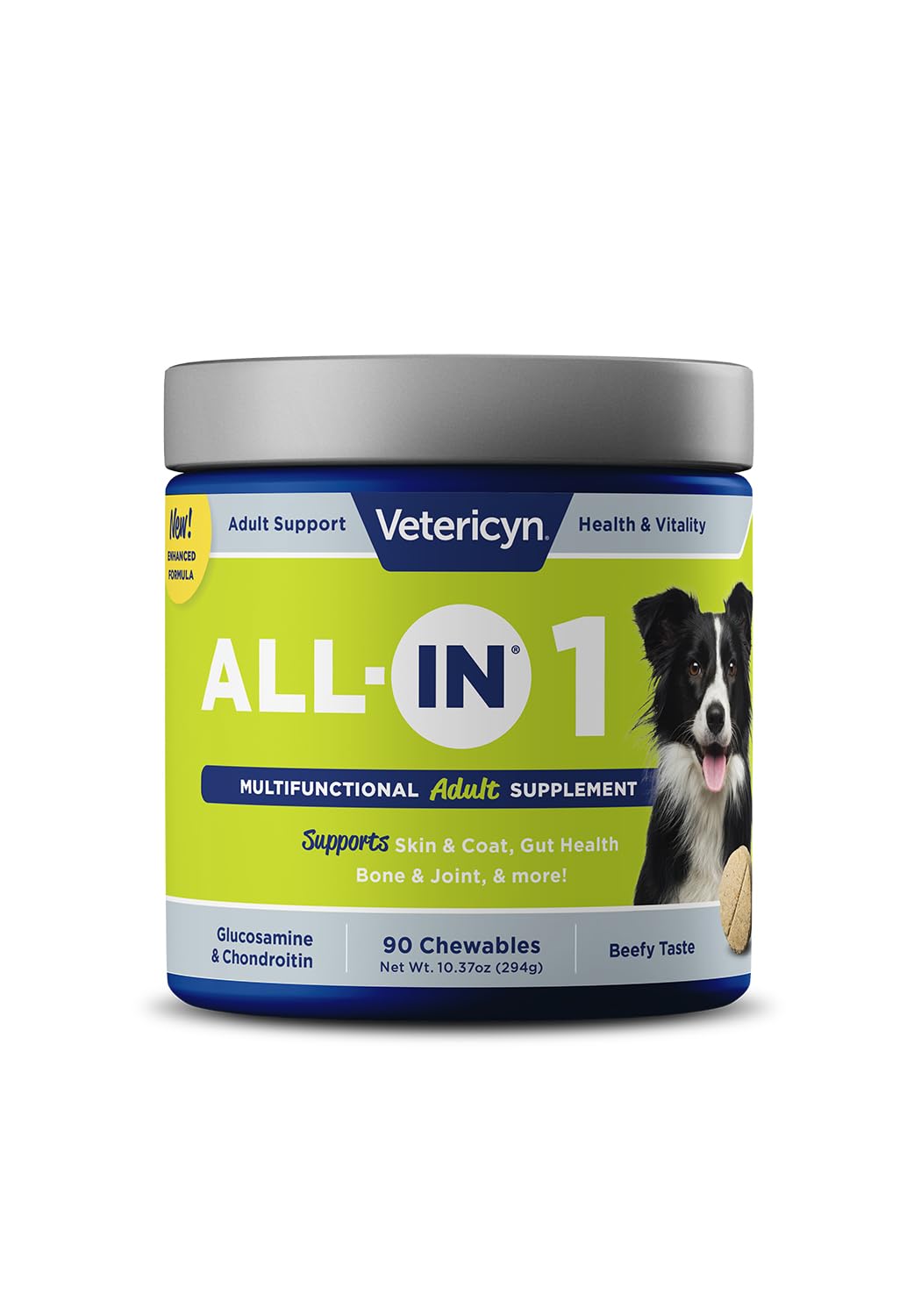 Vetericyn all-in-1 dog supplement bottle shows joint support for active dogs.