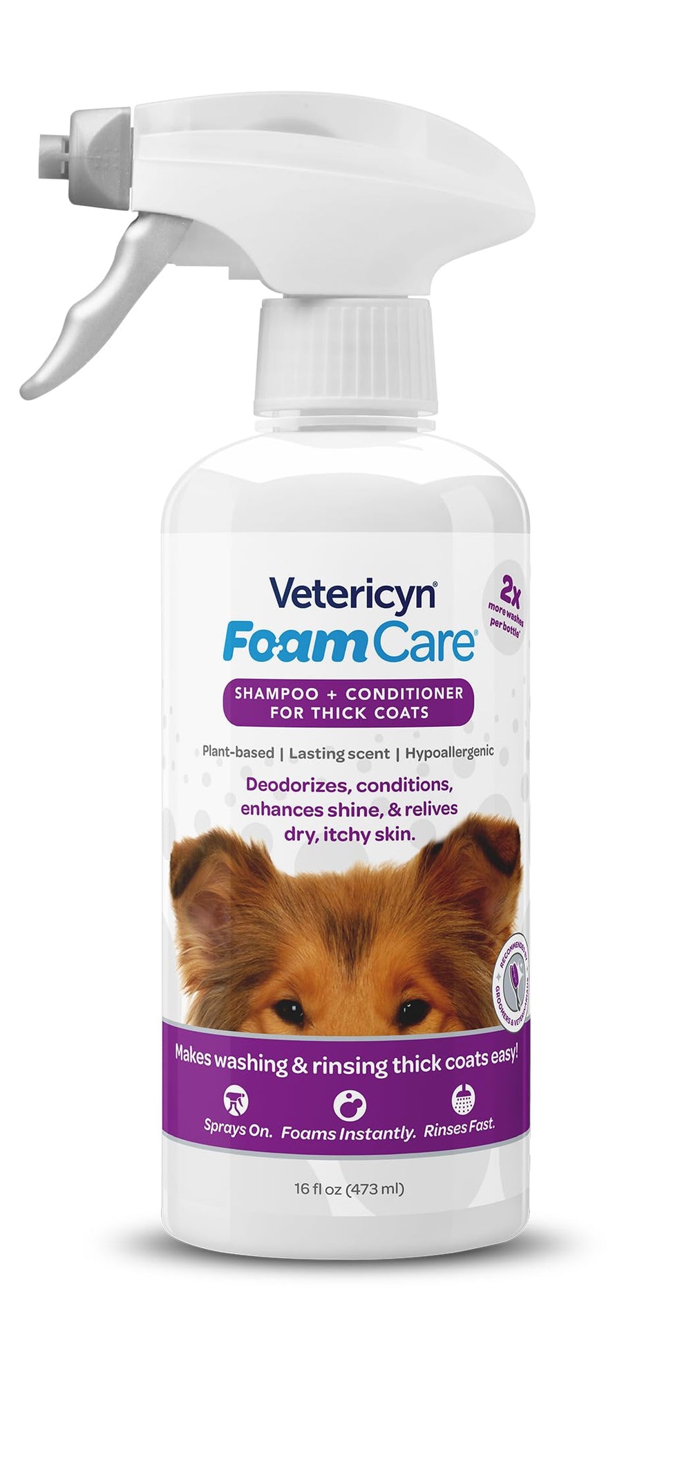 Vetericyn FoamCare bottle pour demonstrates easy spray-on hypoallergenic shampoo for pets.