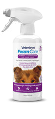 Vetericyn FoamCare bottle pour demonstrates easy spray-on hypoallergenic shampoo for pets.