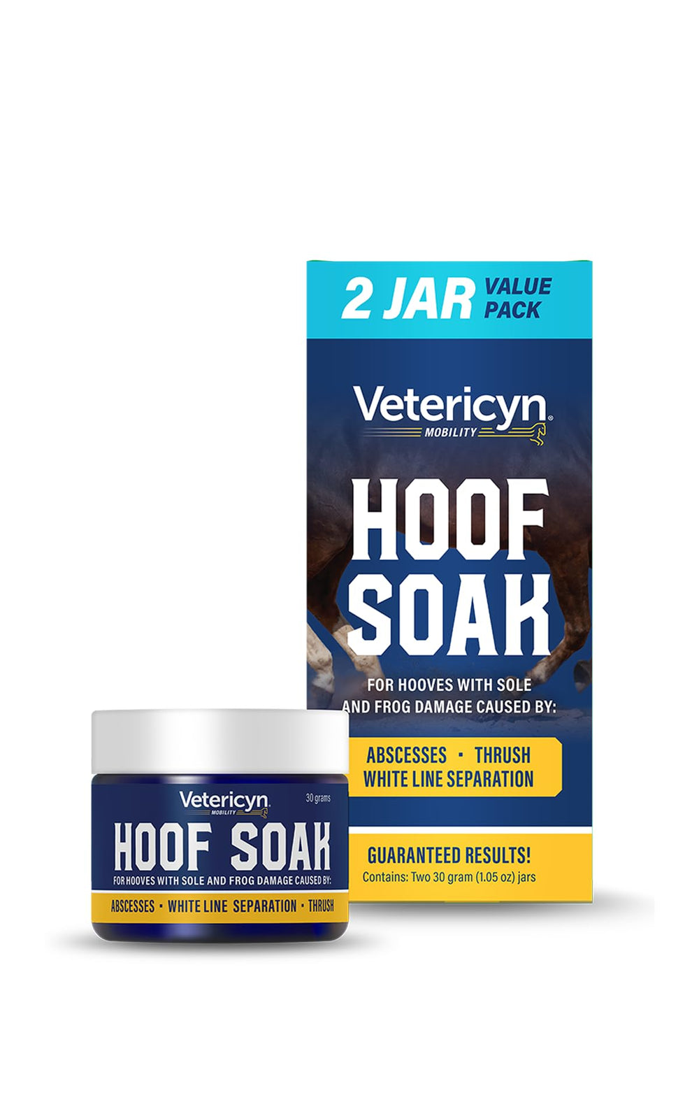 Vetericyn Hoof Soak 2-pack bottle supports routine hoof care for sole and frog damage.