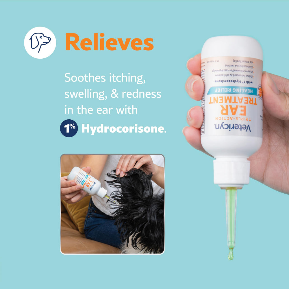 Vetericyn pet-owner applying ear drops scene conveys simple at-home ear care.