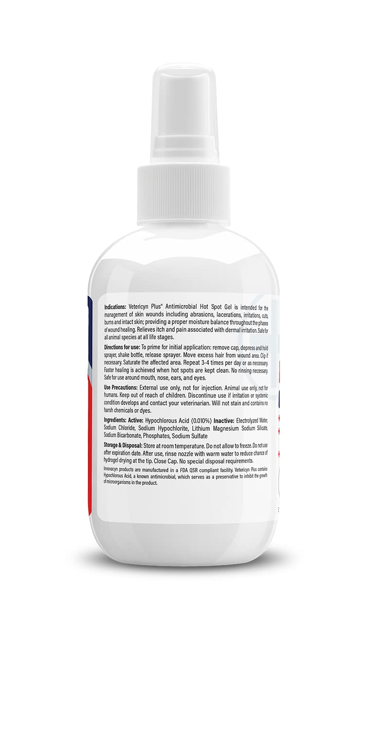 Packaging image of Vetericyn Plus Dog Hot Spot Gel highlighting safe hypochlorous technology.