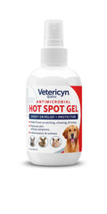 Vetericyn Plus hot spot gel spray application for easy treatment of affected areas.