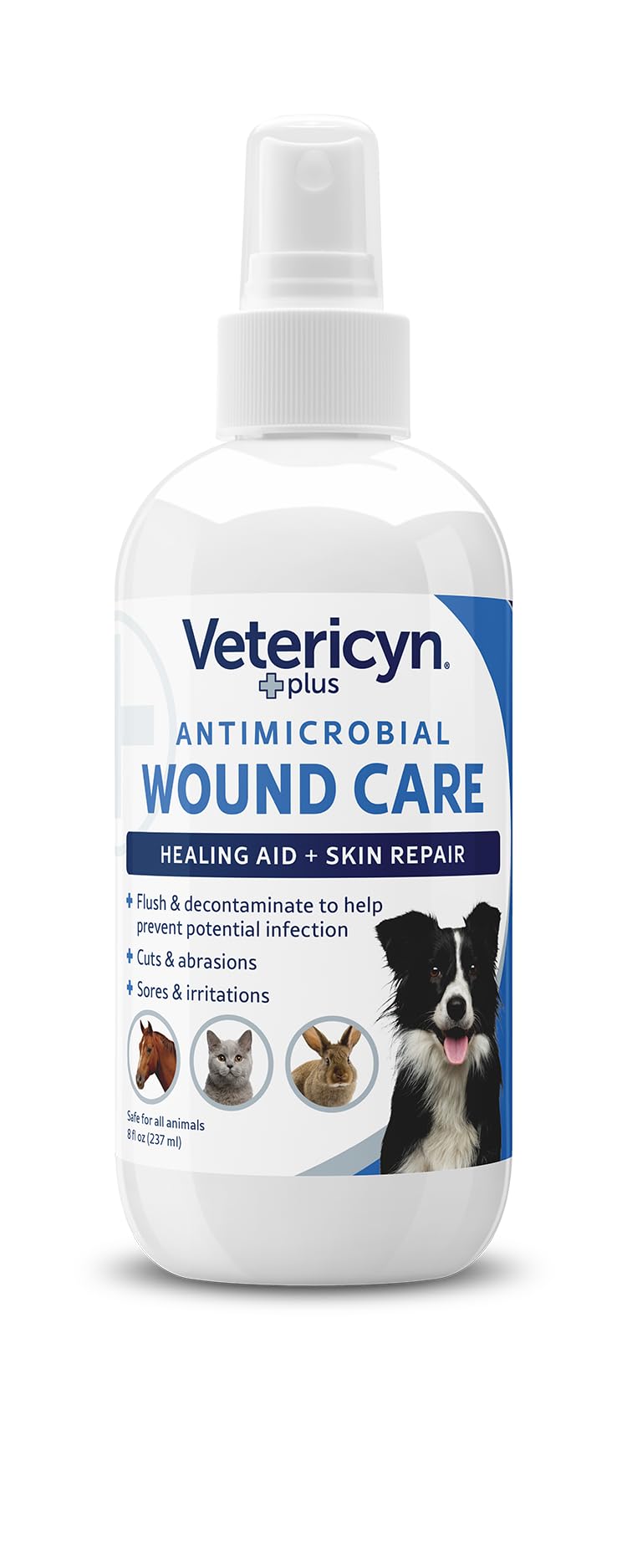 Vetericyn Plus Dog Wound Spray packaging highlights vet-approved first aid for animals.